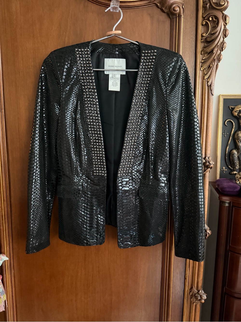 Pierre Balmain Black Leather Embossed Blazer Jacket Studded Stunning Sz EU36